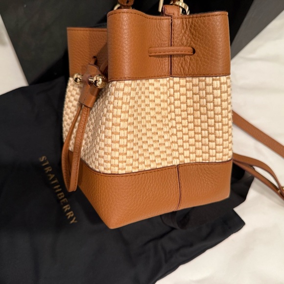 STRATHBERRY Lana Osette Bag Cotton Raffia Leather Tan Brown Shoulder Gold EUC - Picture 5 of 14